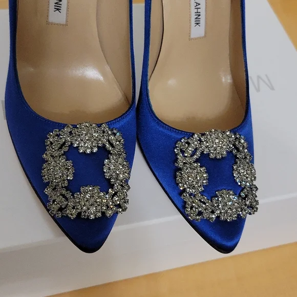 MANOLO BLAHNIK SATINBLUE PUMPS Ft. Square Crystal Buckle- Brand New
